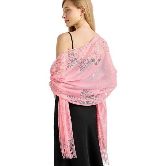 Women Pink Lace Floral Shawls and Wraps Bridal HeadScarf for Evening Dress - Picture 1 of 6